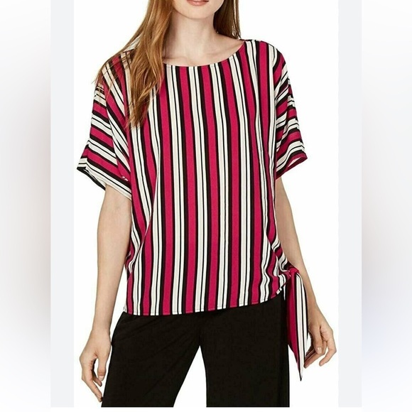 Michael Kors Side Tie Hem Short Sleeve Top / blouse Deep Fuchsia stripes Sz XL - Picture 1 of 8